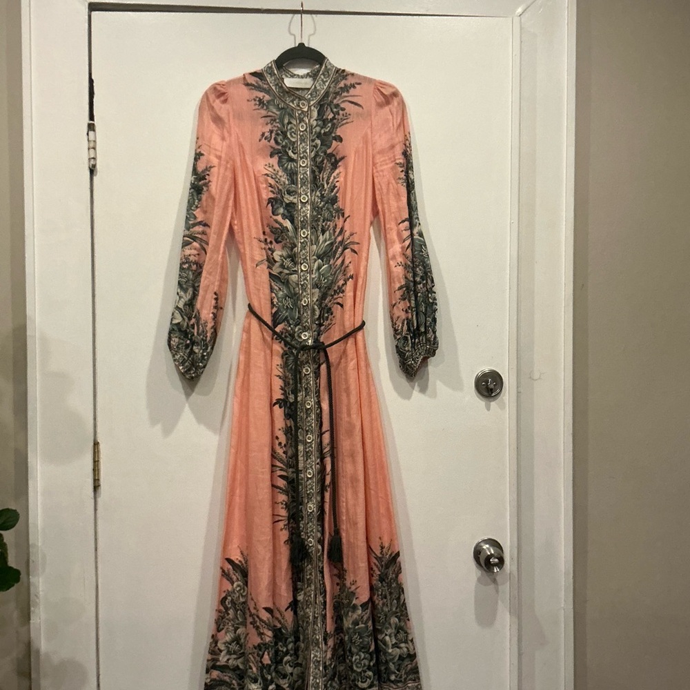 Zimmermann Peach and Dark Green Botanical Maxi Dress